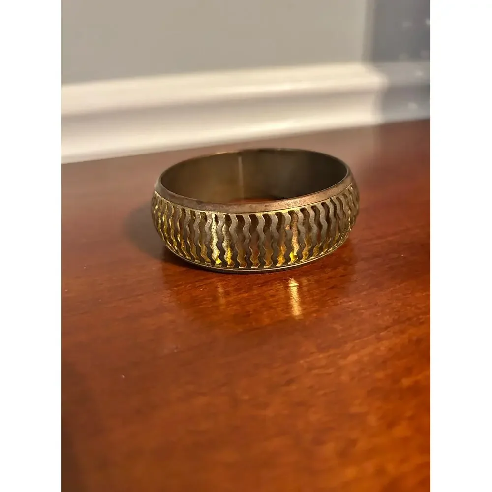 Vintage Gold Tone Brass Bangle Bracelet Wide 3 Inch Cut Out Zig Zag Stacking